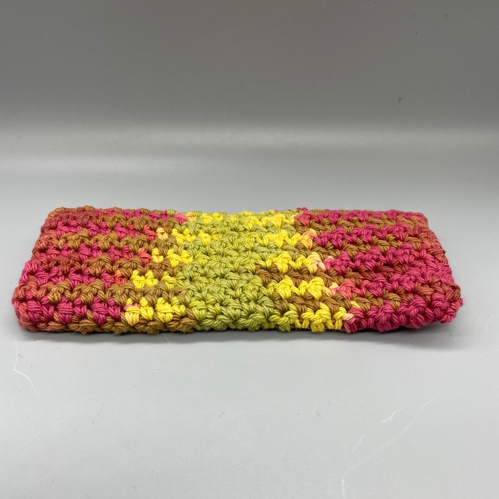 Handmade Crochet Pouch Variegated Pink Yellow Green Button Closure eyeglass case